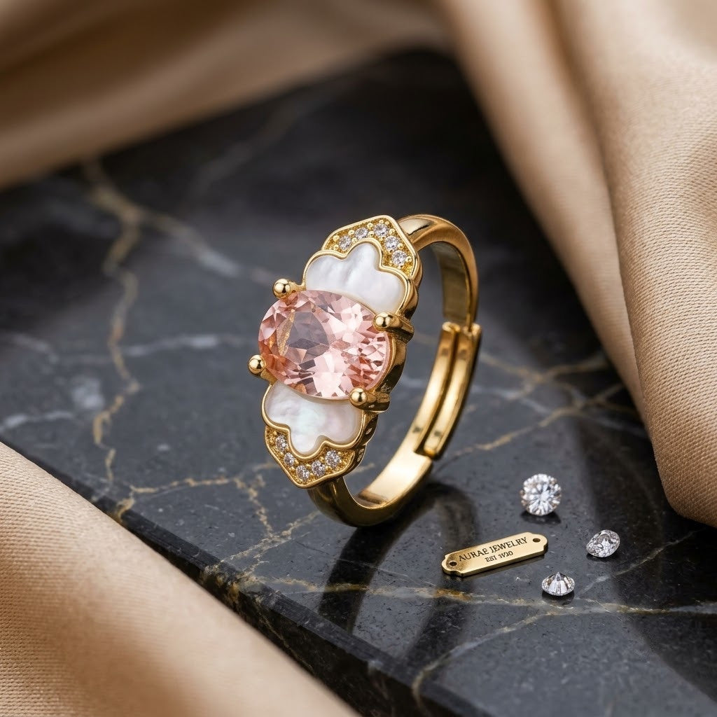 Blush Pink Rose Quartz Oval Bezel Adjustable Ring - View 1