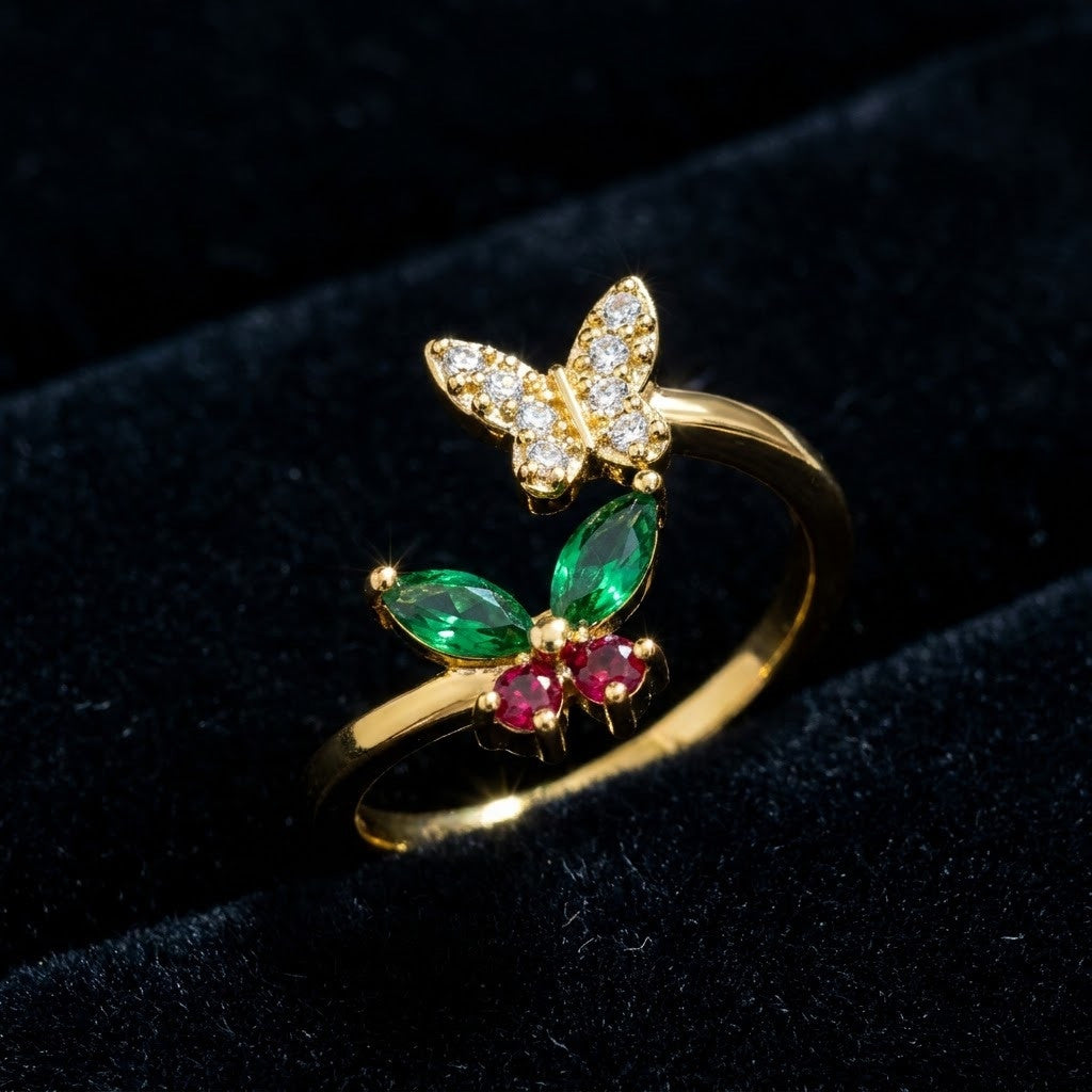 Fluttering Butterfly Emerald Marquise Crystal Statement Adjustable Ring - View 6