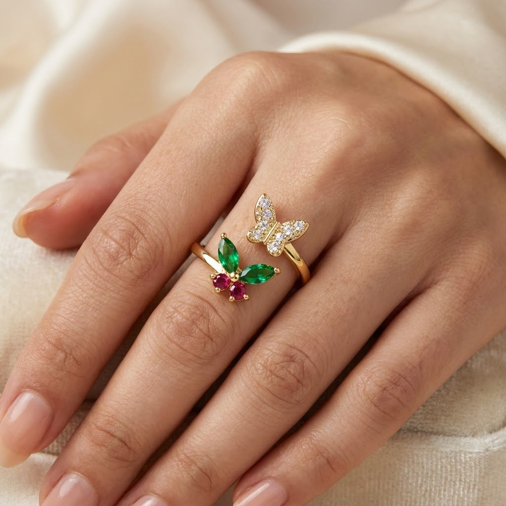Fluttering Butterfly Emerald Marquise Crystal Statement Adjustable Ring - View 5
