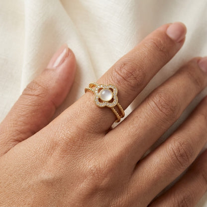 Lucky Four-Leaf Clover Mother of Pearl Halo Adjustable Ring - View 5