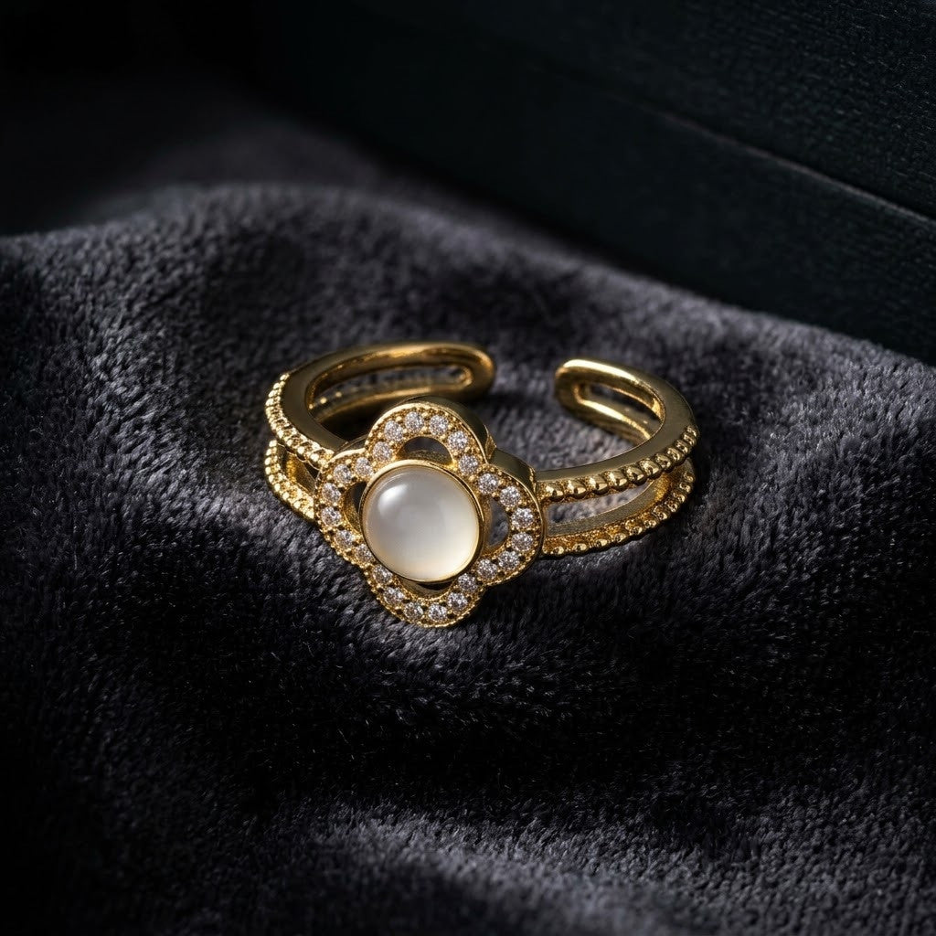 Lucky Four-Leaf Clover Mother of Pearl Halo Adjustable Ring - View 6