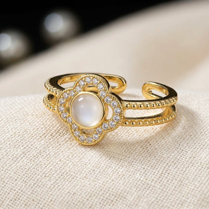 Lucky Four-Leaf Clover Mother of Pearl Halo Adjustable Ring - View 4