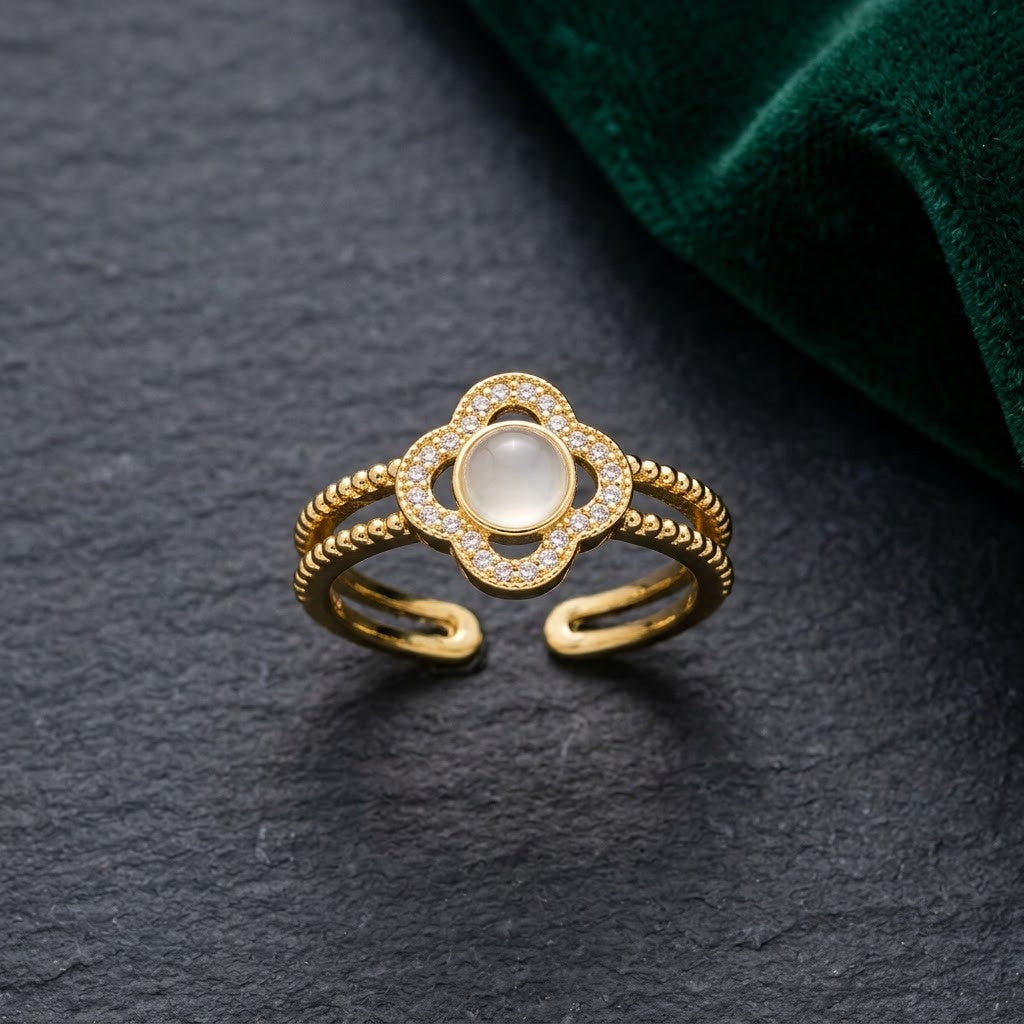 Lucky Four-Leaf Clover Mother of Pearl Halo Adjustable Ring - View 8