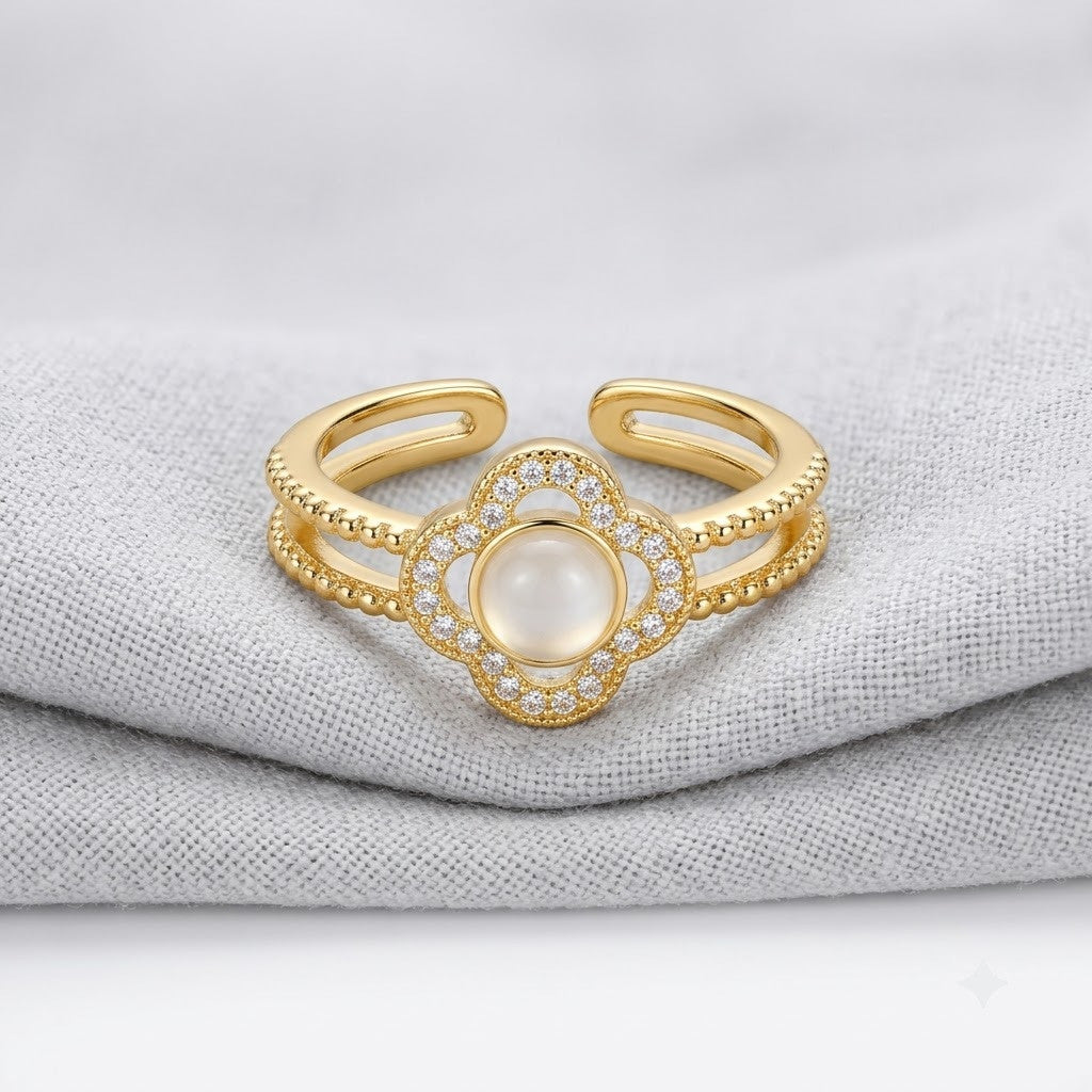Lucky Four-Leaf Clover Mother of Pearl Halo Adjustable Ring - View 7