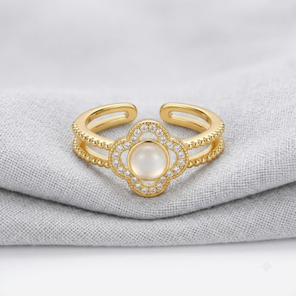 Lucky Four-Leaf Clover Mother of Pearl Halo Adjustable Ring - View 7