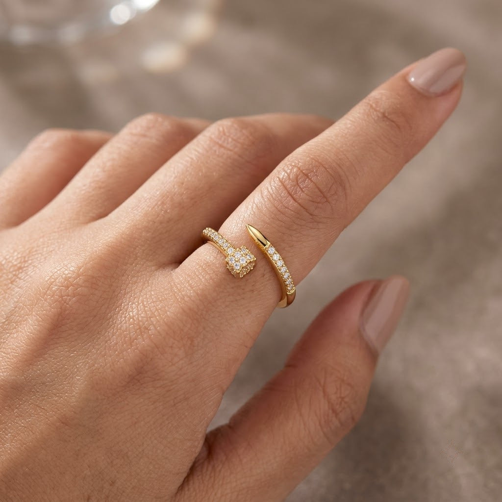 Modern Nail Motif Pavé Diamond Open Cuff Adjustable Ring - View 5