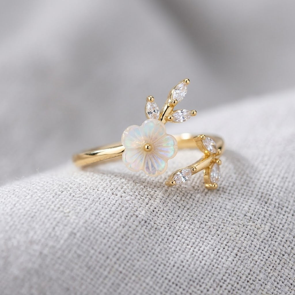 Artisanal White Blossom Flower & Leaf Bypass Adjustable Ring - View 4