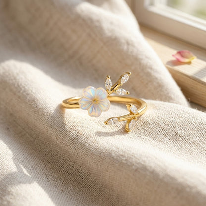 Artisanal White Blossom Flower & Leaf Bypass Adjustable Ring - View 3