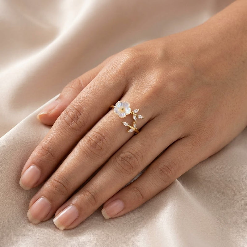 Artisanal White Blossom Flower & Leaf Bypass Adjustable Ring | 18K Gold Plated | Anti-Tarnish