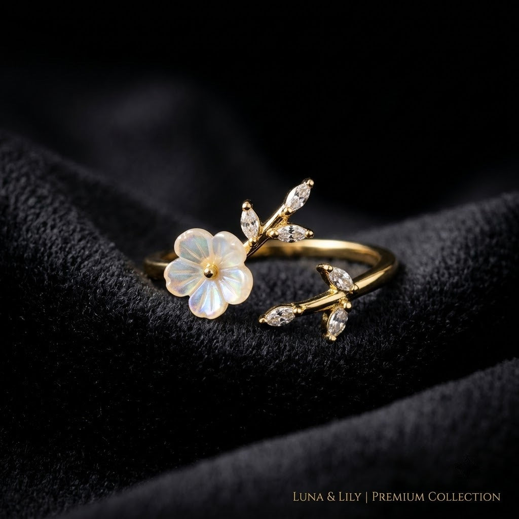 Artisanal White Blossom Flower & Leaf Bypass Adjustable Ring - View 6