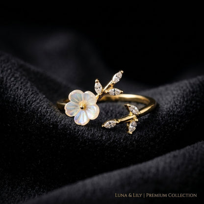 Artisanal White Blossom Flower & Leaf Bypass Adjustable Ring - View 6
