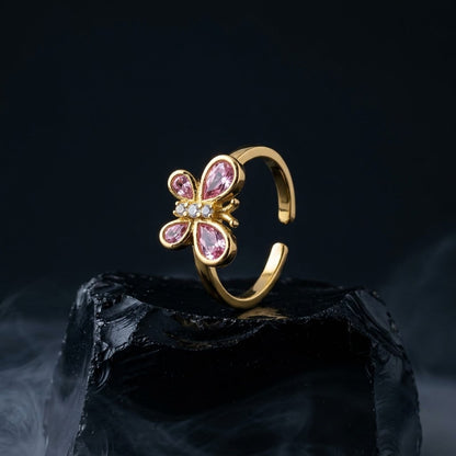 Sparkling Quad-Petal Floral Clover Open Adjustable Ring - View 5