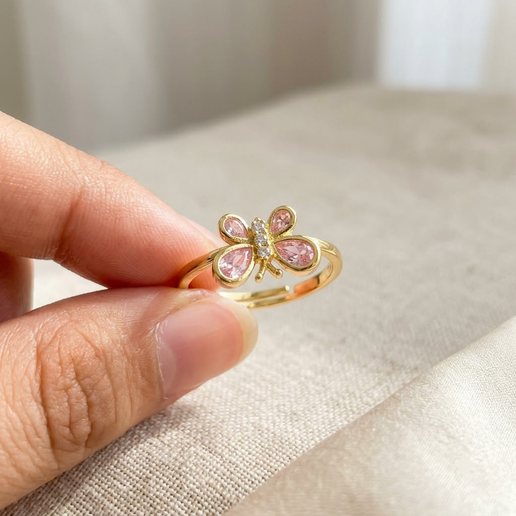 Sparkling Quad-Petal Floral Clover Open Adjustable Ring - View 3