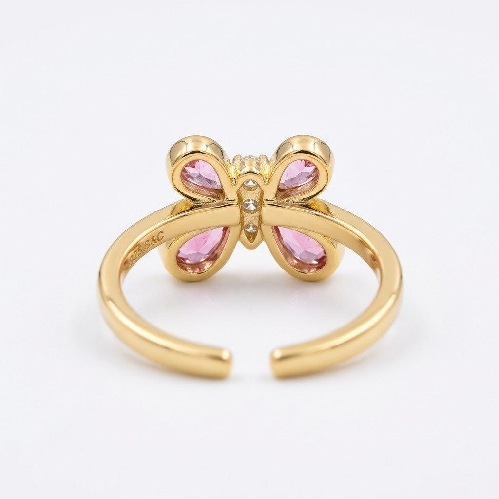 Sparkling Quad-Petal Floral Clover Open Adjustable Ring - View 6