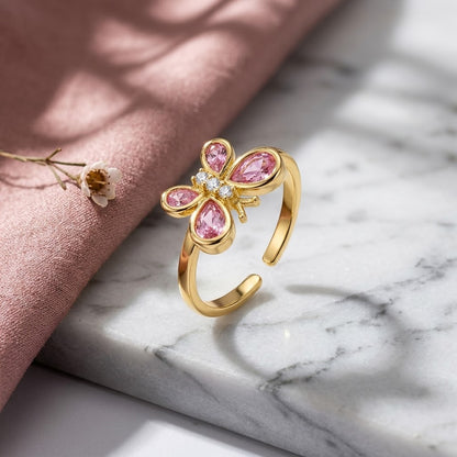 Sparkling Quad-Petal Floral Clover Open Adjustable Ring - View 1