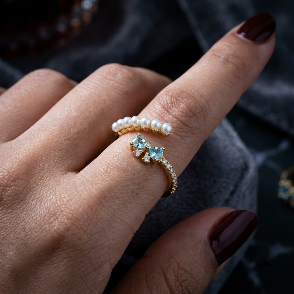 Petite Pearl Row Sapphire & Amber Crystal Adjustable Ring - View 6