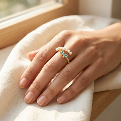 Petite Pearl Row Sapphire & Amber Crystal Adjustable Ring - View 3