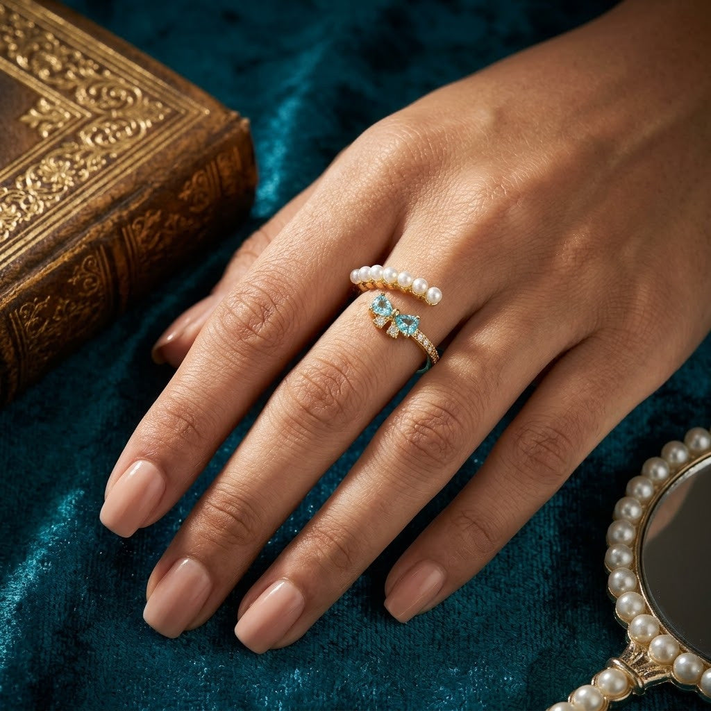 Petite Pearl Row Sapphire & Amber Crystal Adjustable Ring - View 2