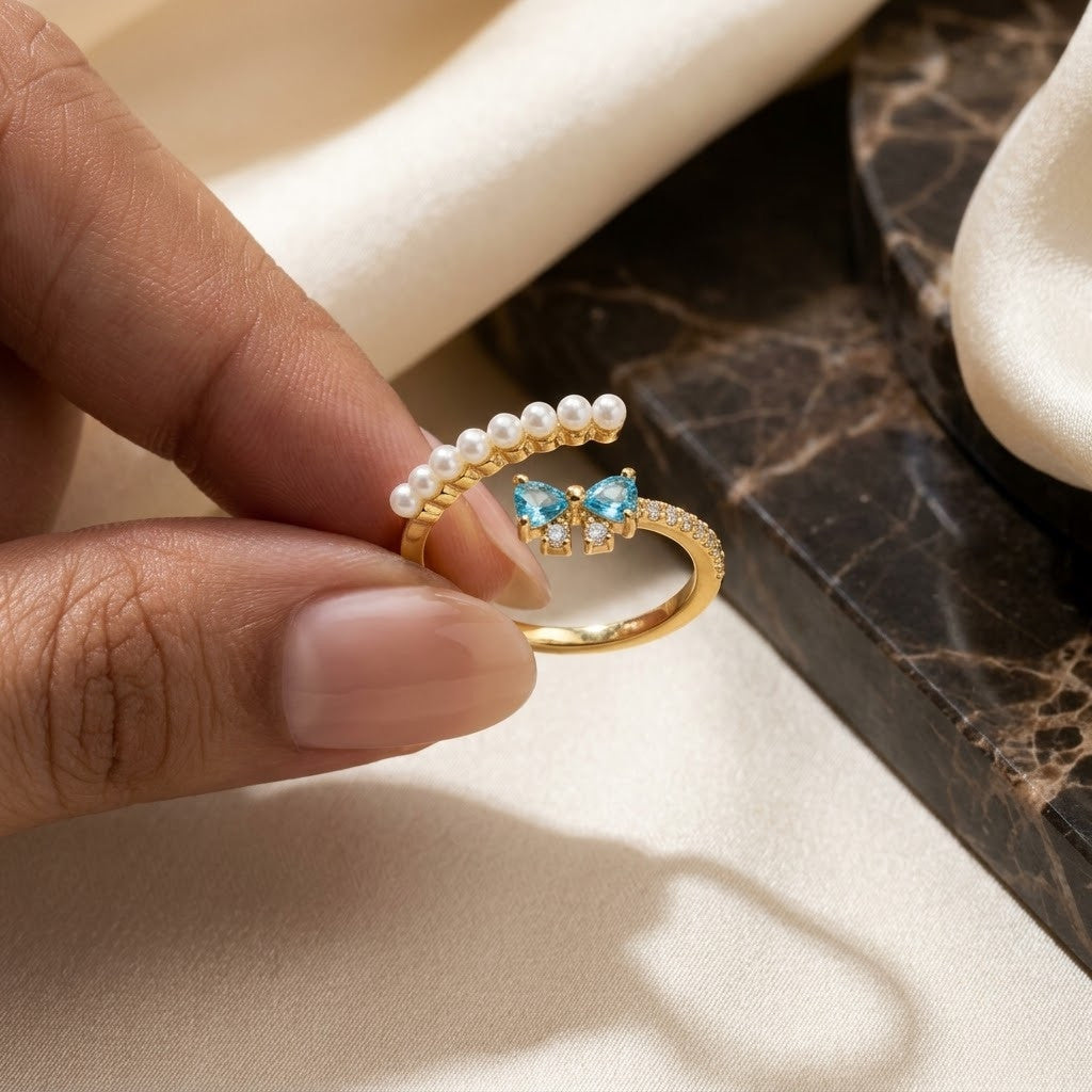 Petite Pearl Row Sapphire & Amber Crystal Adjustable Ring - View 1