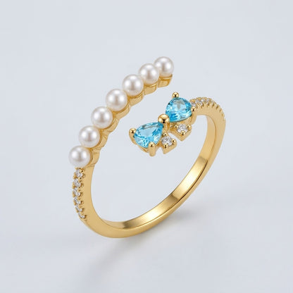 Petite Pearl Row Sapphire & Amber Crystal Adjustable Ring - View 7