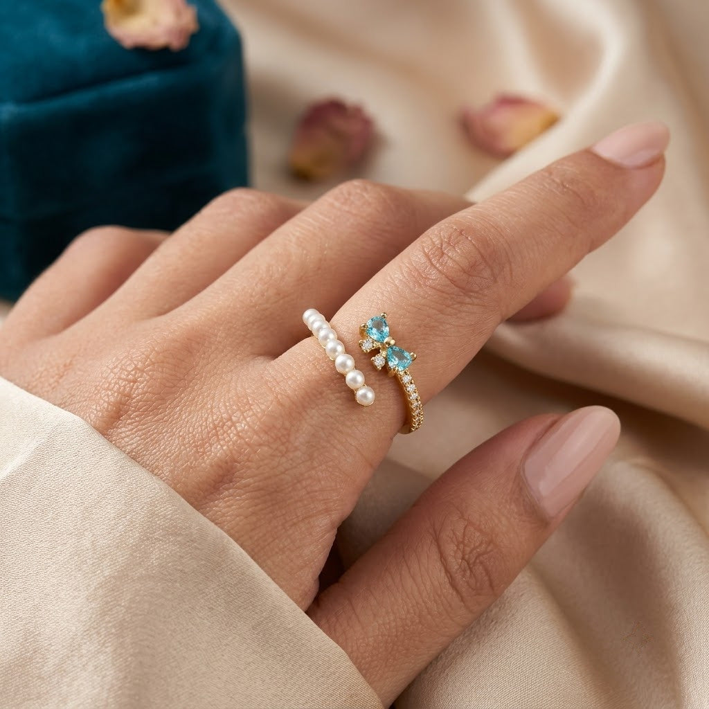 Petite Pearl Row Sapphire & Amber Crystal Adjustable Ring - View 5