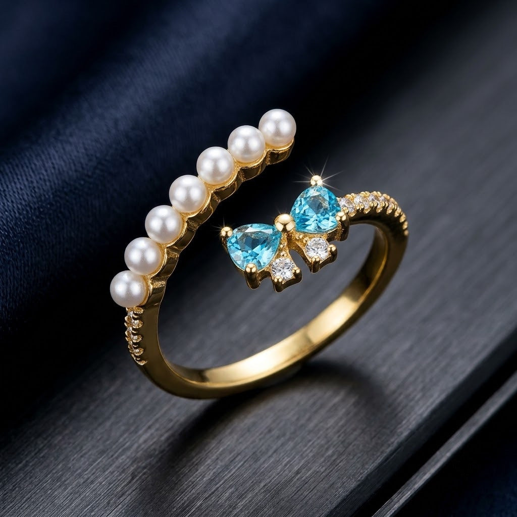 Petite Pearl Row Sapphire & Amber Crystal Adjustable Ring - View 4