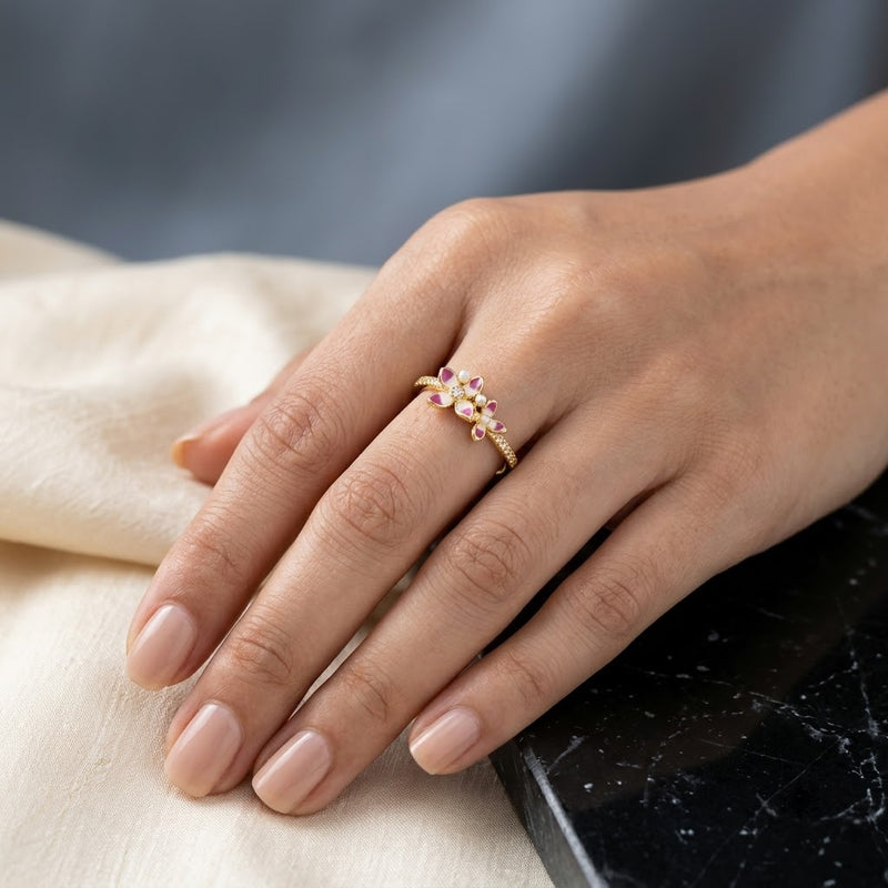 Blush Pink Blossom Multi-Petal Crystal Cluster Adjustable Ring - View 5