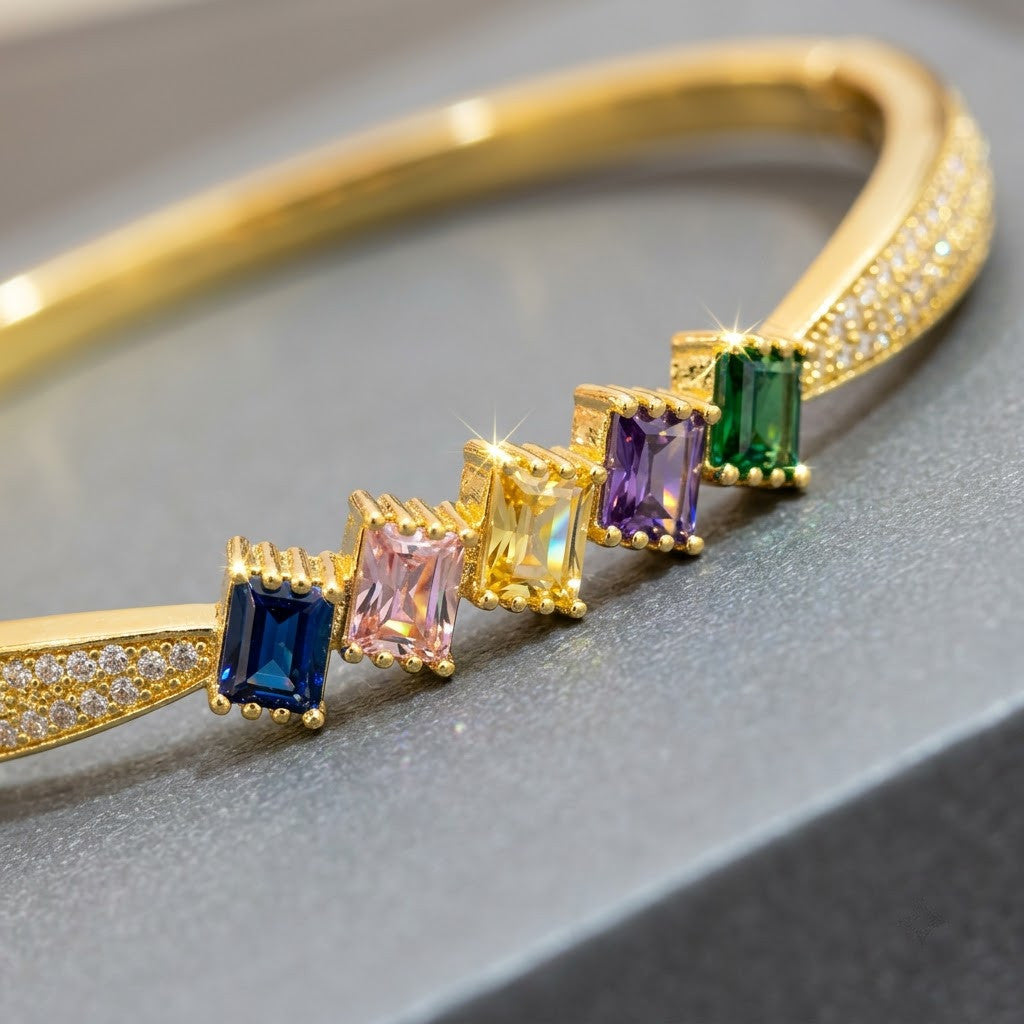 Princess-Cut Rainbow Crystal Baguette Channel Bangle - 03 Macro Closeup