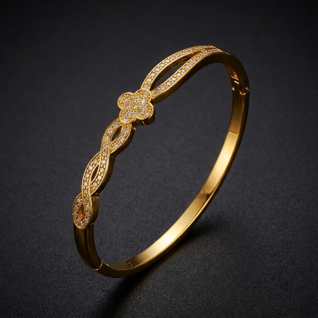 Four-Leaf Lucky Clover Micropavé Ribbon Twist Bangle - 07 Moody Shot