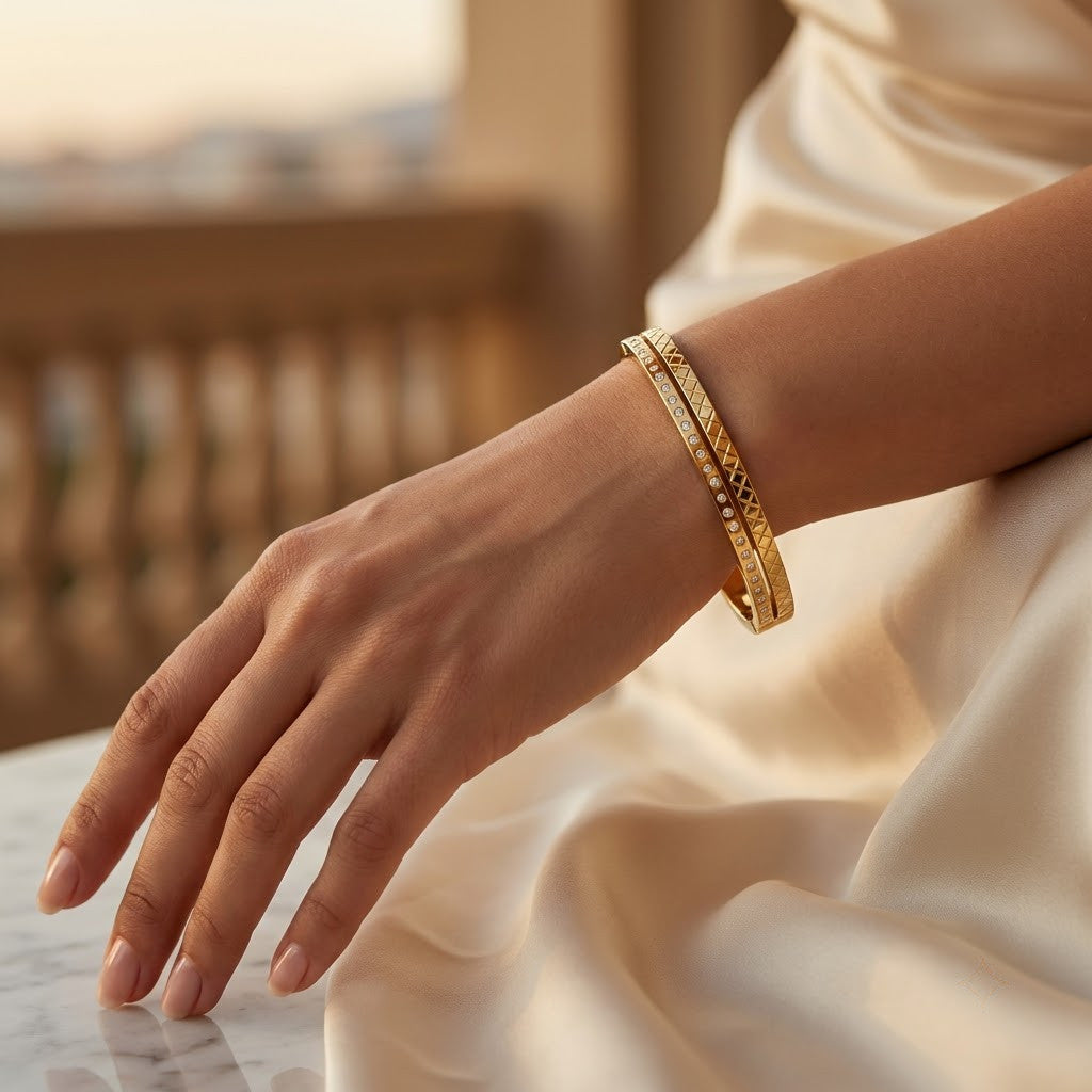 Quilted Matelassé Lattice Pavé Crystal Bangle - 02 Model Shot