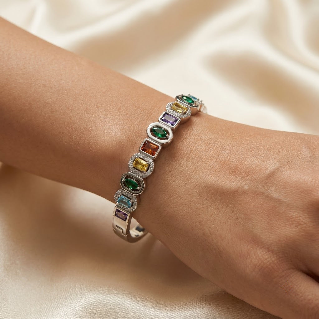 Vibrant Rainbow Multi-Gemstone Bezel Hinged Bangle - 02 Model Shot