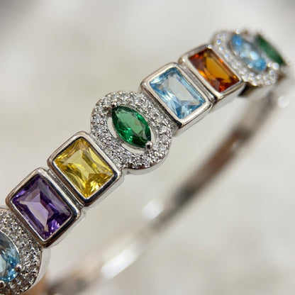 Vibrant Rainbow Multi-Gemstone Bezel Hinged Bangle - 03 Macro Closeup