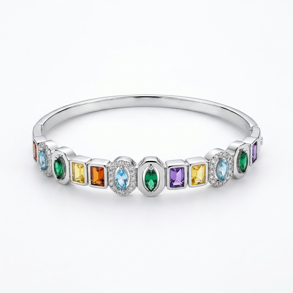 Vibrant Rainbow Multi-Gemstone Bezel Hinged Bangle - 01 Studio Shot