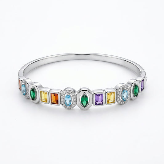 Vibrant Rainbow Multi-Gemstone Bezel Hinged Bangle - 01 Studio Shot