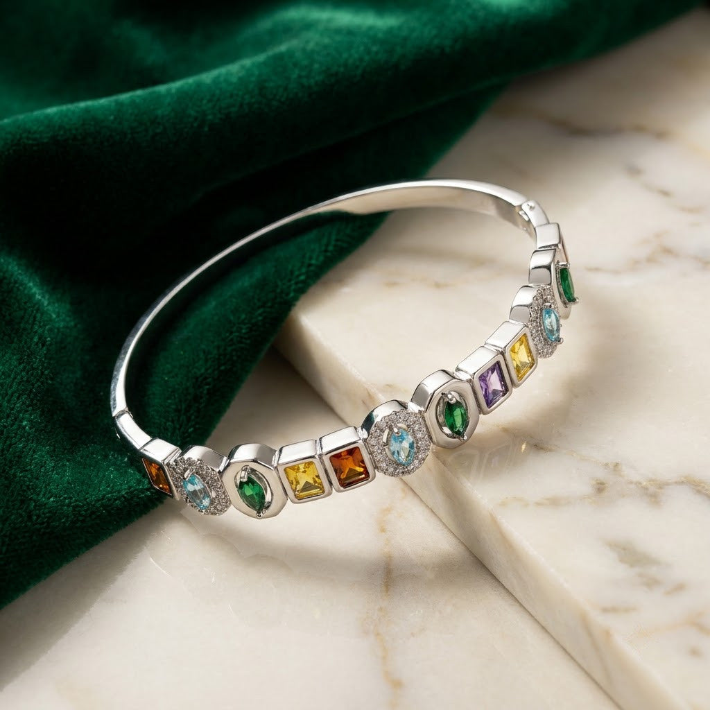 Vibrant Rainbow Multi-Gemstone Bezel Hinged Bangle - 04 Creative Shot