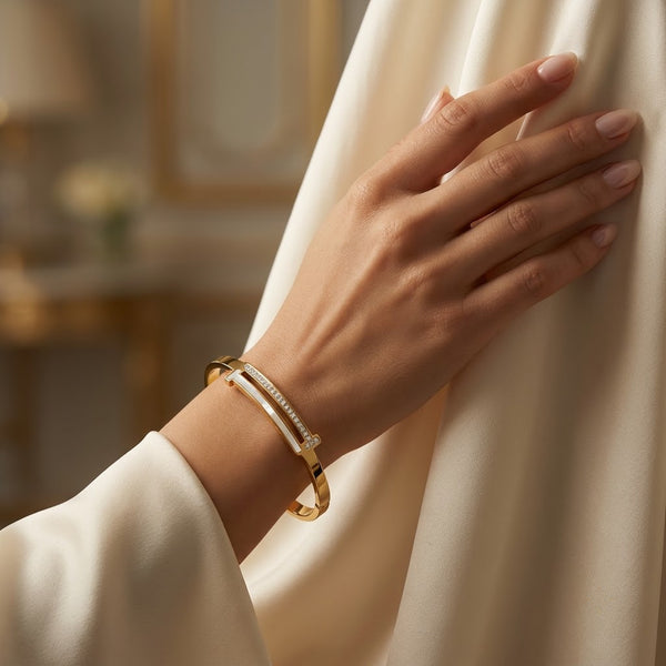 Architectural T-Square Dual Bar Pavé & MOP Bangle - 02 Model Shot