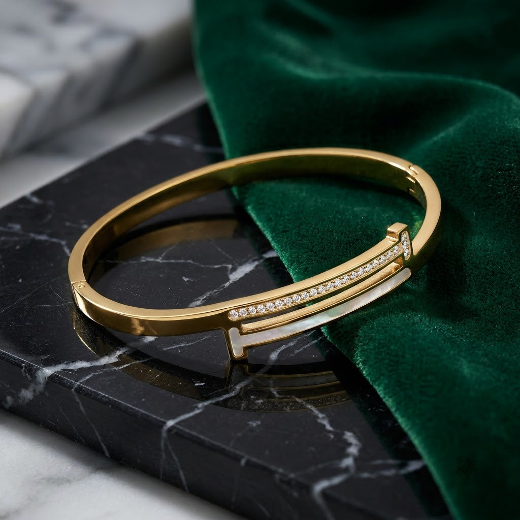 Architectural T-Square Dual Bar Pavé & MOP Bangle - 04 Creative Shot