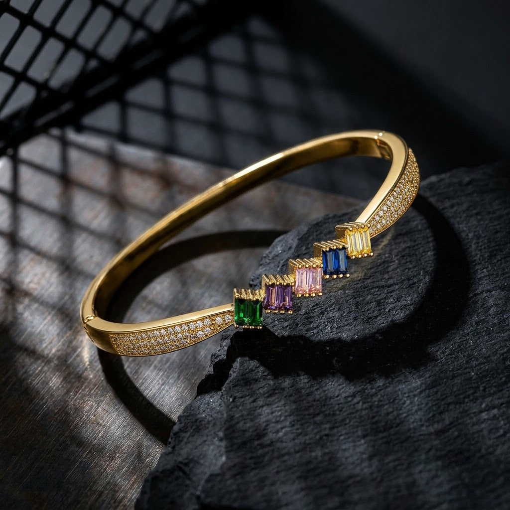 Princess-Cut Rainbow Crystal Baguette Channel Bangle - 06 Editorial