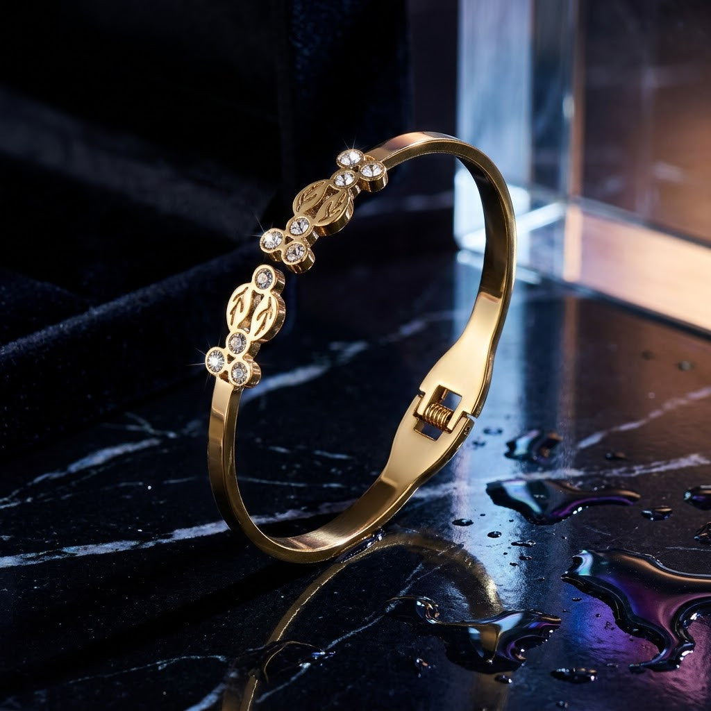 Victorian Floral Filigree Rose & Solitaire Crystal Bangle - 06 Editorial