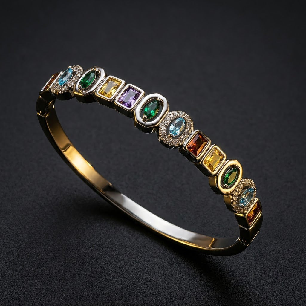 Vibrant Rainbow Multi-Gemstone Bezel Hinged Bangle - 07 Moody Shot