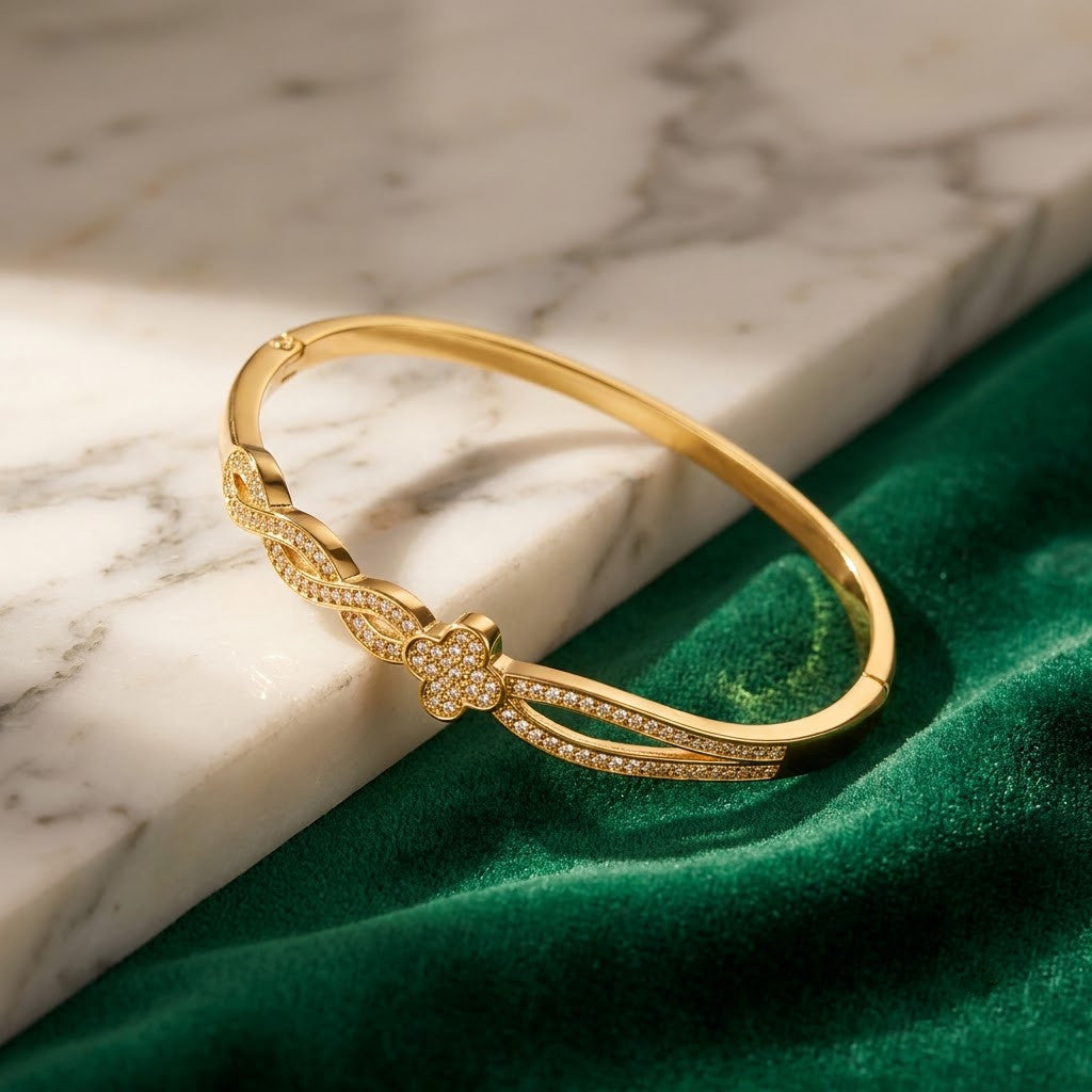 Four-Leaf Lucky Clover Micropavé Ribbon Twist Bangle - 04 Creative Shot