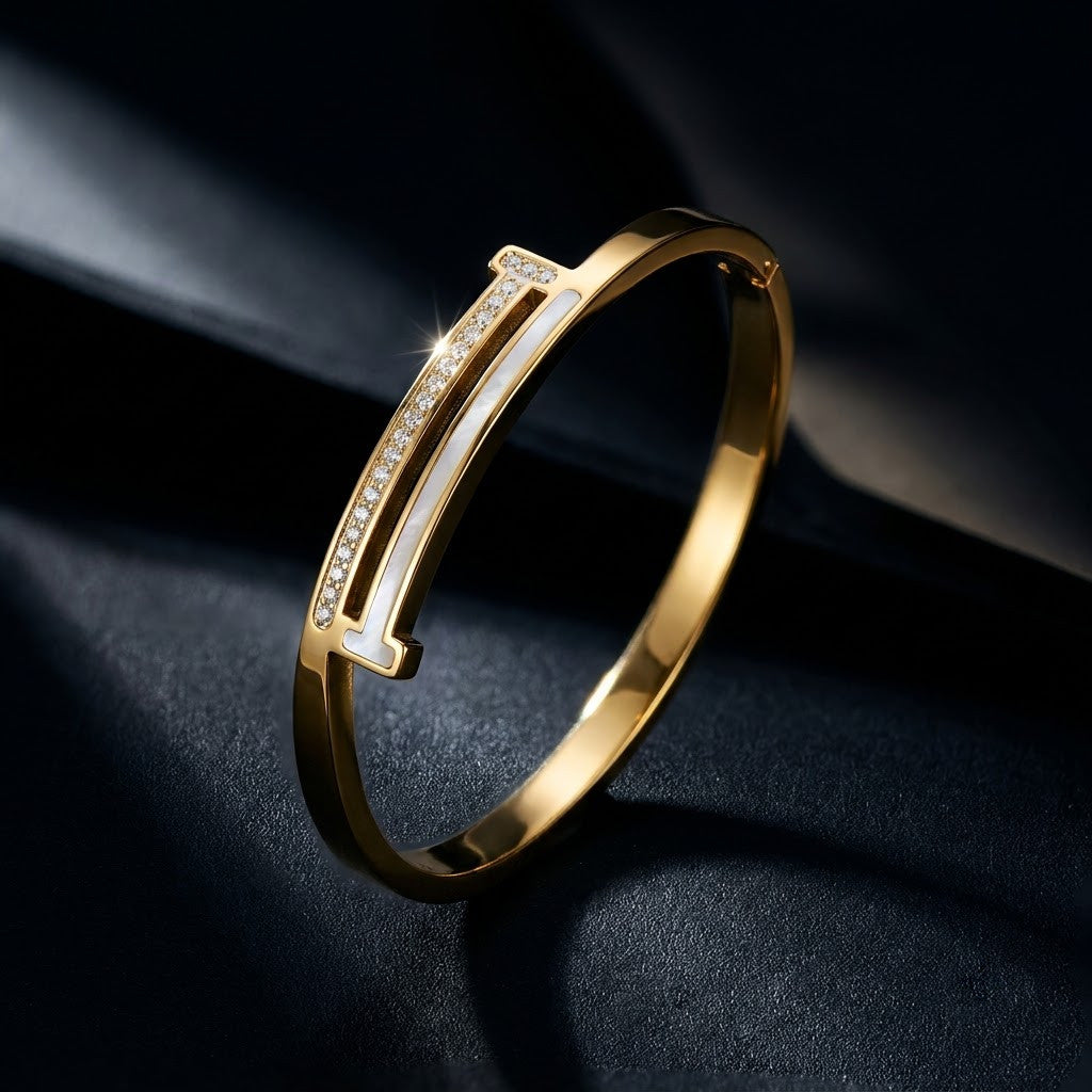 Architectural T-Square Dual Bar Pavé & MOP Bangle - 06 Editorial