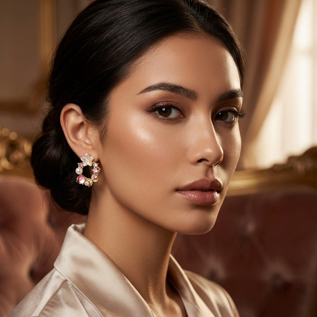 Floral Garland Wreath & Pearl Stud Earrings | 18K Gold Plated | Anti-Tarnish Demi-Fine Sweat-Proof - ANUSI Demi-Fine Jewelry Shot 2