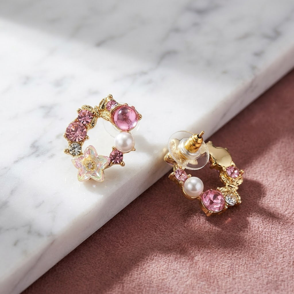 Floral Garland Wreath & Pearl Stud Earrings | 18K Gold Plated | Anti-Tarnish Demi-Fine Sweat-Proof - ANUSI Demi-Fine Jewelry Shot 4