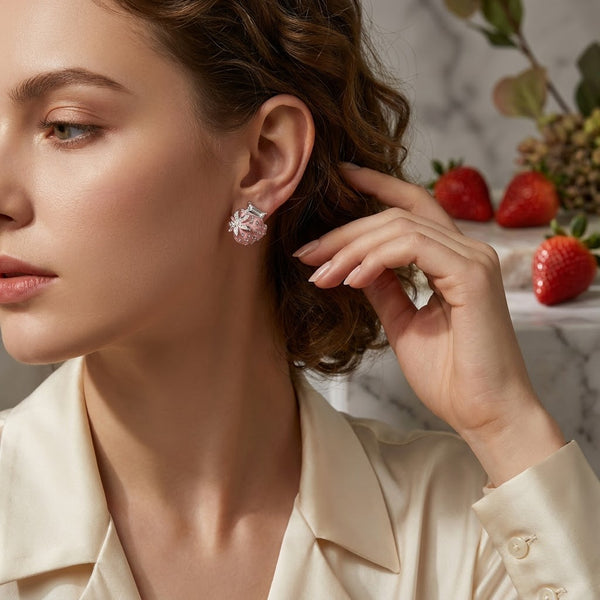 Sweet Strawberry Pavé & Baguette Stud Earrings | 18K Gold Plated | Anti-Tarnish Demi-Fine Sweat-Proof - ANUSI Demi-Fine Jewelry Shot 2