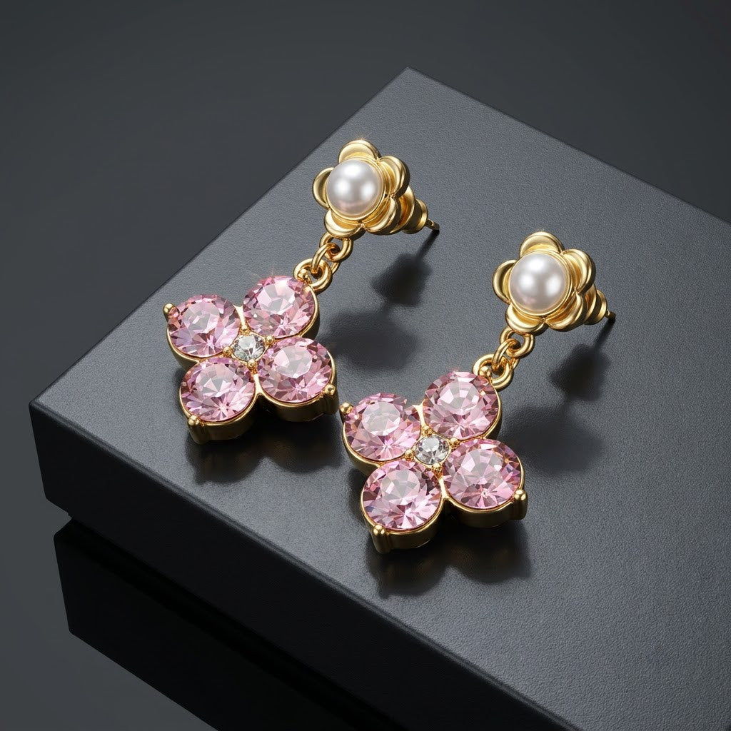Pink Clover & Pearl Drop Earrings | 18K Gold Plated | Anti-Tarnish Demi-Fine Sweat-Proof - ANUSI Demi-Fine Jewelry Shot 6