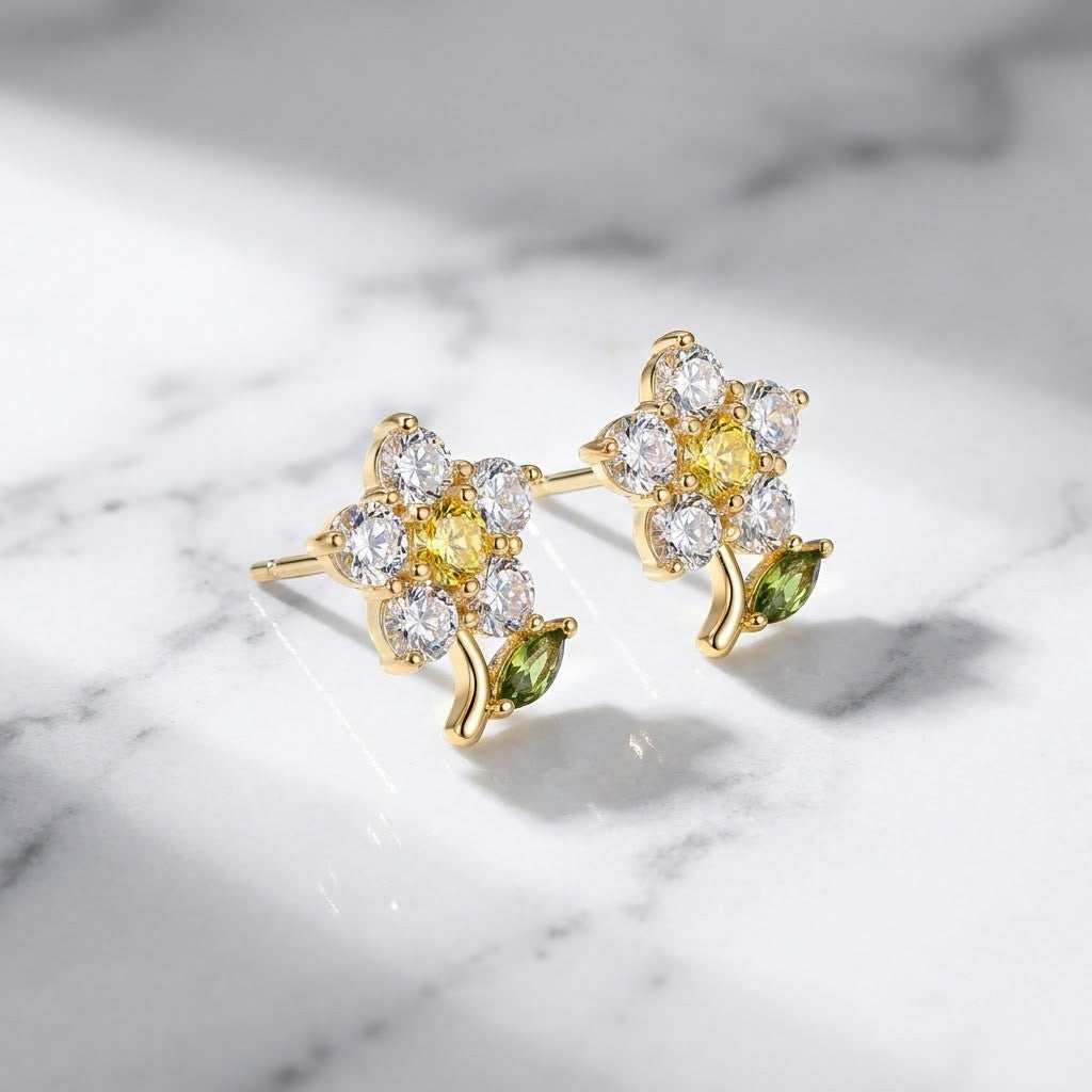 Sunny Daisy Enamel & Yellow Crystal Drop Earrings | 18K Gold Plated | Anti-Tarnish Demi-Fine Sweat-Proof - ANUSI Demi-Fine Jewelry Shot 4
