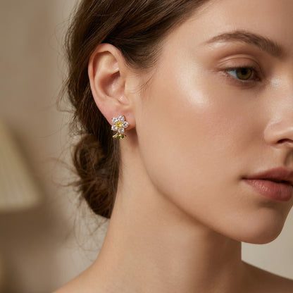 Sunny Daisy Enamel & Yellow Crystal Drop Earrings | 18K Gold Plated | Anti-Tarnish Demi-Fine Sweat-Proof - ANUSI Demi-Fine Jewelry Shot 2