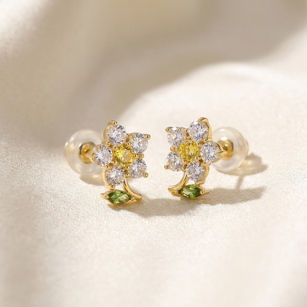 Sunny Daisy Enamel & Yellow Crystal Drop Earrings | 18K Gold Plated | Anti-Tarnish Demi-Fine Sweat-Proof - ANUSI Demi-Fine Jewelry Shot 5