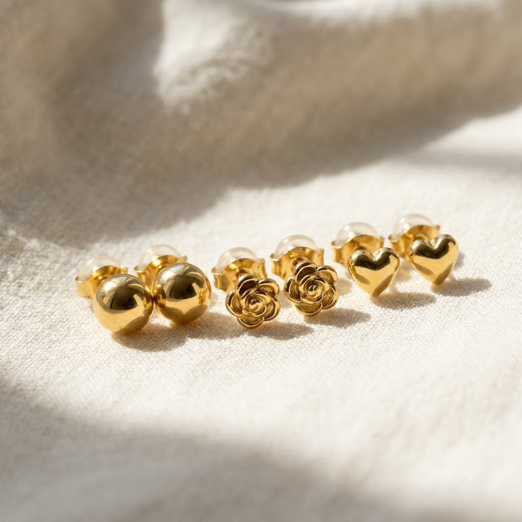 Golden Trio 3-Pair Minimalist Stud Set | 18K Gold Plated | Anti-Tarnish Demi-Fine Sweat-Proof - ANUSI Demi-Fine Jewelry Shot 5